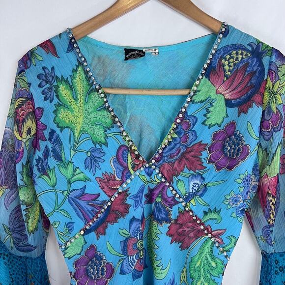 Midnight Sun Asymmetrical Women's Dress Size Small Blue BoHo Flounce Sleeve - Picture 3 of 8
